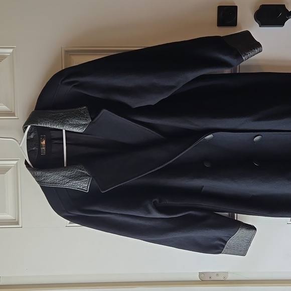 Vintage Havoc Wool and Faux Leather Blend Double Breasted Trench Coat - Picture 1 of 11